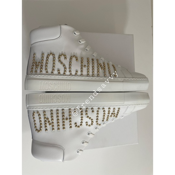 MOSCHINO Leather High Top Sneaker Logo Stud Lace Up White Shoes 8 NWT AUTHENTIC - Picture 10 of 16